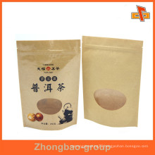 customize moisture proof resealable kraft paper stand up zipper bag with window and printing for coffee, snack, dried fruit